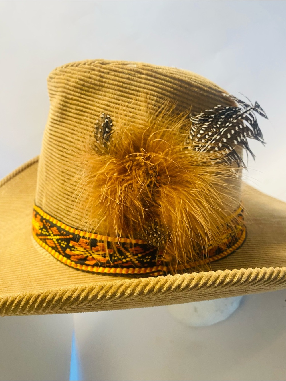 Vintage Tan Corduroy Western Hat With Ornate Plumage Band Label Size M